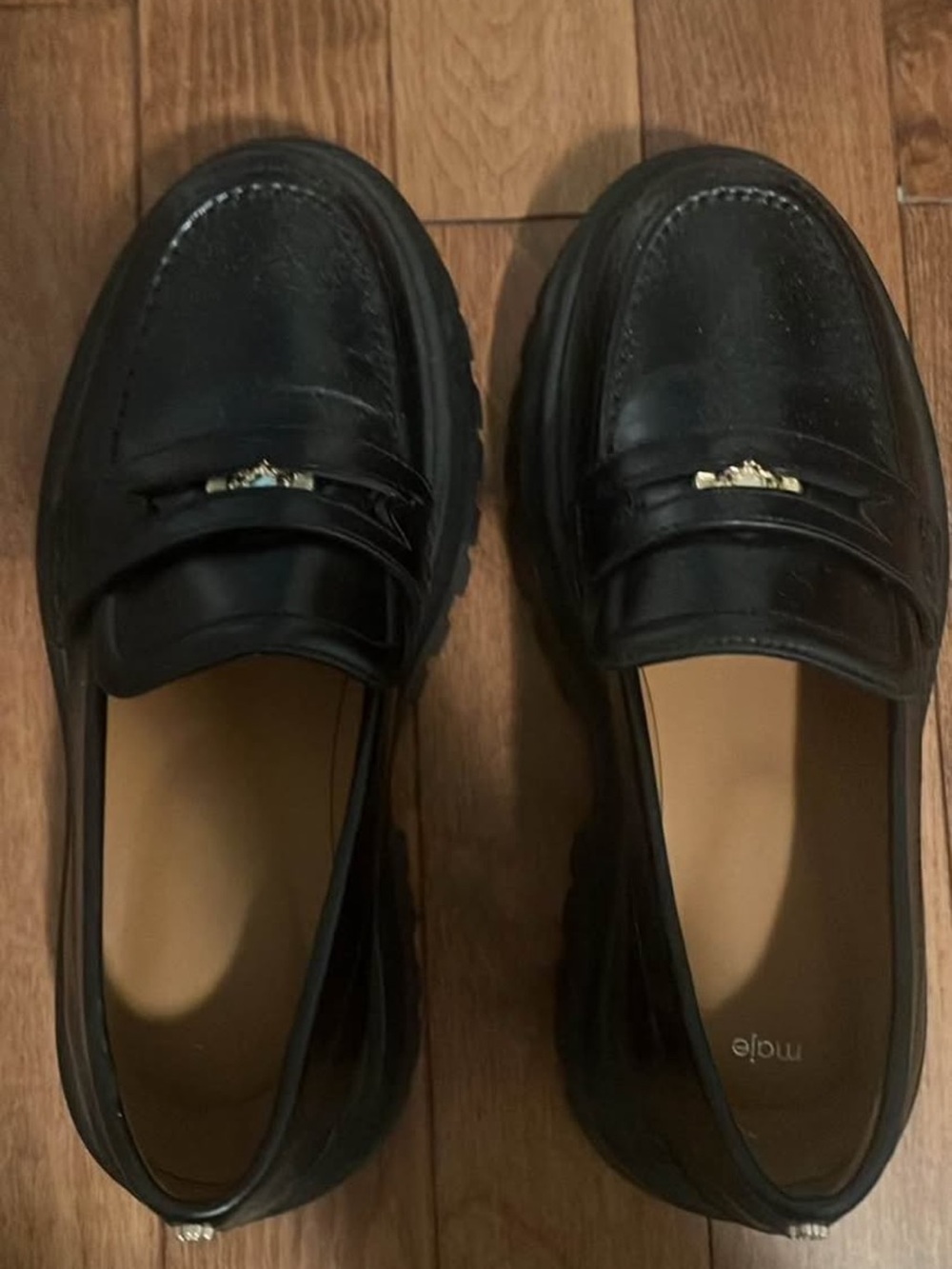 Maje Black Leather Loafers with Gold Accent